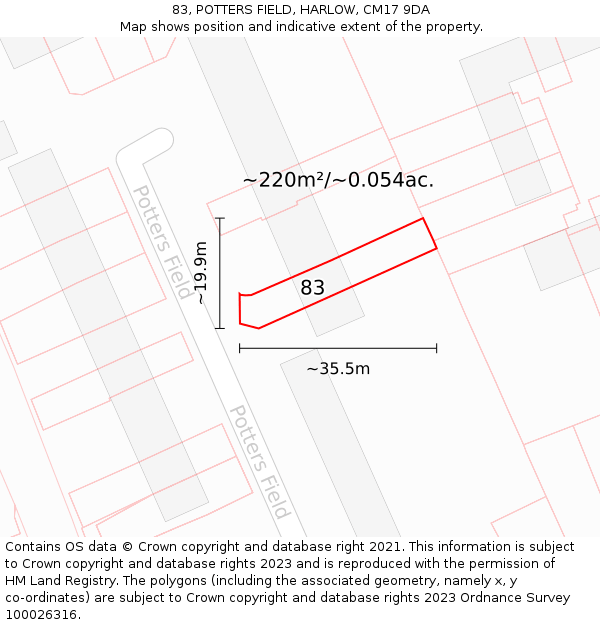 83, POTTERS FIELD, HARLOW, CM17 9DA: Plot and title map