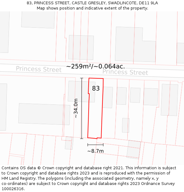 83, PRINCESS STREET, CASTLE GRESLEY, SWADLINCOTE, DE11 9LA: Plot and title map