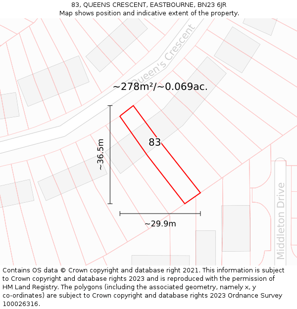 83, QUEENS CRESCENT, EASTBOURNE, BN23 6JR: Plot and title map