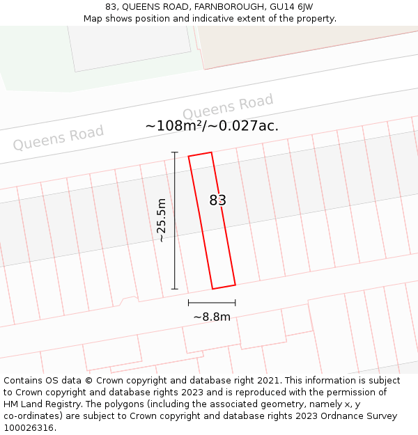 83, QUEENS ROAD, FARNBOROUGH, GU14 6JW: Plot and title map