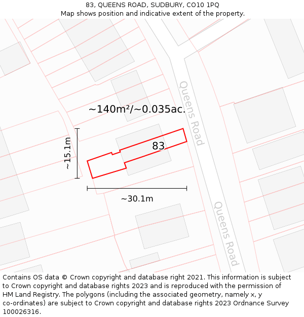83, QUEENS ROAD, SUDBURY, CO10 1PQ: Plot and title map