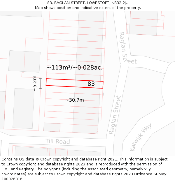 83, RAGLAN STREET, LOWESTOFT, NR32 2JU: Plot and title map