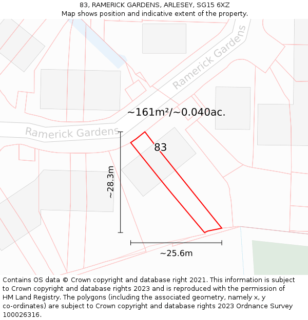 83, RAMERICK GARDENS, ARLESEY, SG15 6XZ: Plot and title map