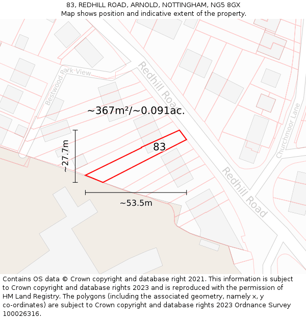 83, REDHILL ROAD, ARNOLD, NOTTINGHAM, NG5 8GX: Plot and title map