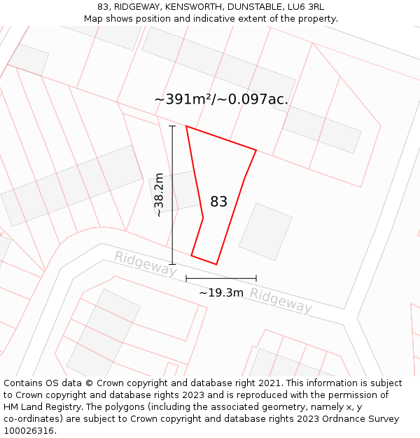 83, RIDGEWAY, KENSWORTH, DUNSTABLE, LU6 3RL: Plot and title map