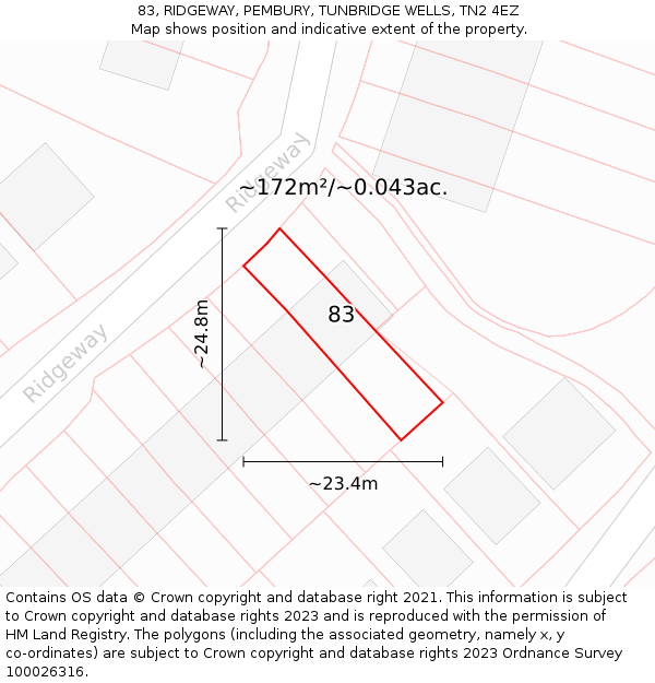 83, RIDGEWAY, PEMBURY, TUNBRIDGE WELLS, TN2 4EZ: Plot and title map