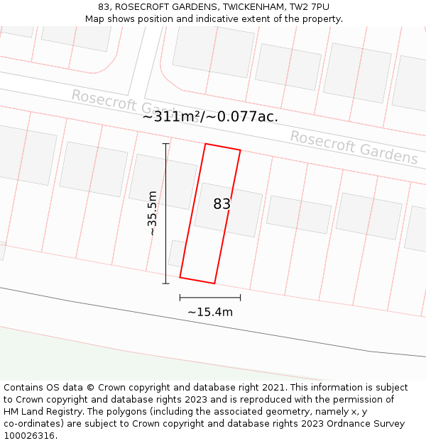 83, ROSECROFT GARDENS, TWICKENHAM, TW2 7PU: Plot and title map