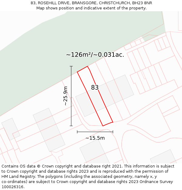 83, ROSEHILL DRIVE, BRANSGORE, CHRISTCHURCH, BH23 8NR: Plot and title map