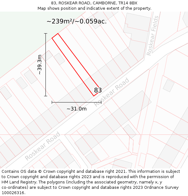 83, ROSKEAR ROAD, CAMBORNE, TR14 8BX: Plot and title map