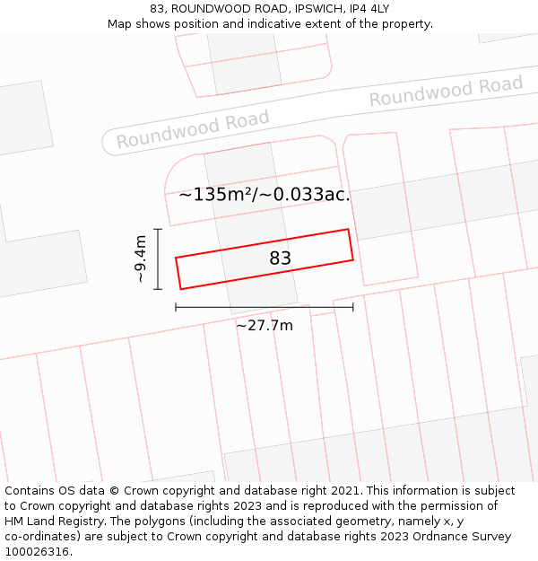 83, ROUNDWOOD ROAD, IPSWICH, IP4 4LY: Plot and title map