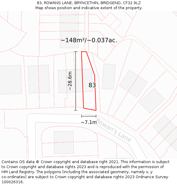83, ROWANS LANE, BRYNCETHIN, BRIDGEND, CF32 9LZ: Plot and title map