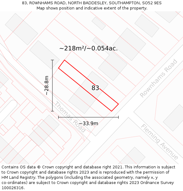 83, ROWNHAMS ROAD, NORTH BADDESLEY, SOUTHAMPTON, SO52 9ES: Plot and title map