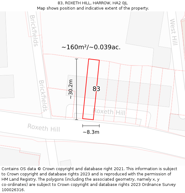 83, ROXETH HILL, HARROW, HA2 0JL: Plot and title map