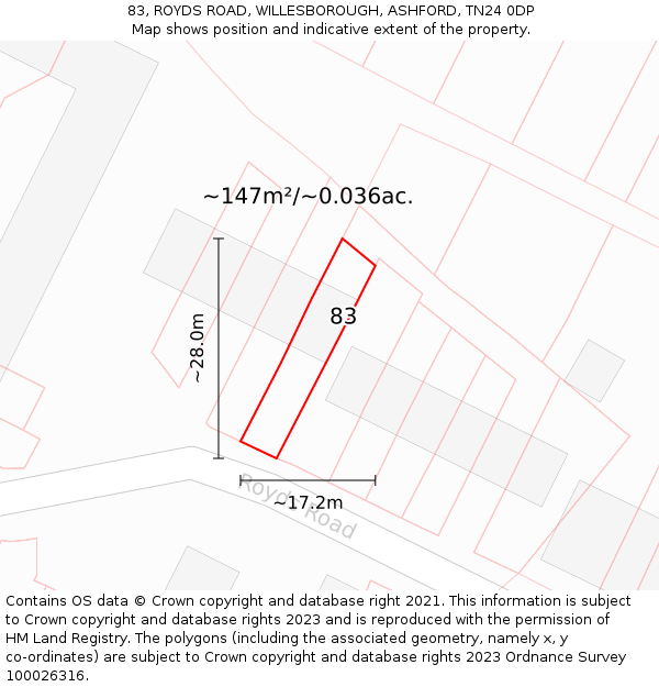 83, ROYDS ROAD, WILLESBOROUGH, ASHFORD, TN24 0DP: Plot and title map