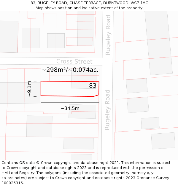 83, RUGELEY ROAD, CHASE TERRACE, BURNTWOOD, WS7 1AG: Plot and title map