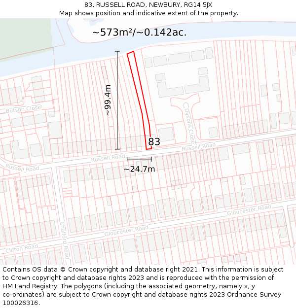 83, RUSSELL ROAD, NEWBURY, RG14 5JX: Plot and title map