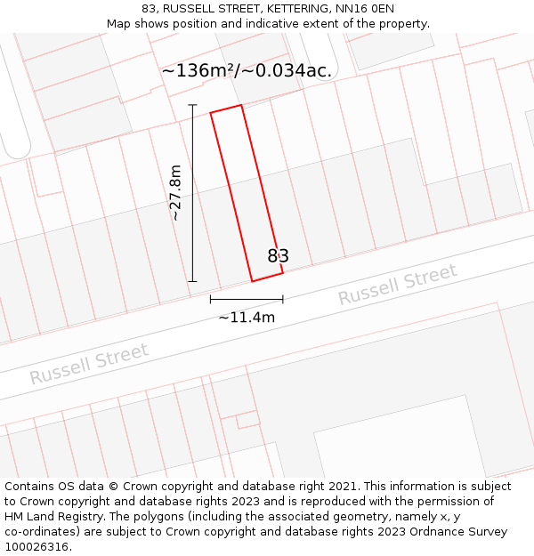 83, RUSSELL STREET, KETTERING, NN16 0EN: Plot and title map