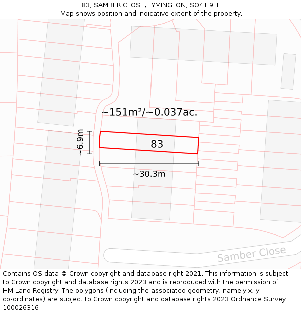 83, SAMBER CLOSE, LYMINGTON, SO41 9LF: Plot and title map