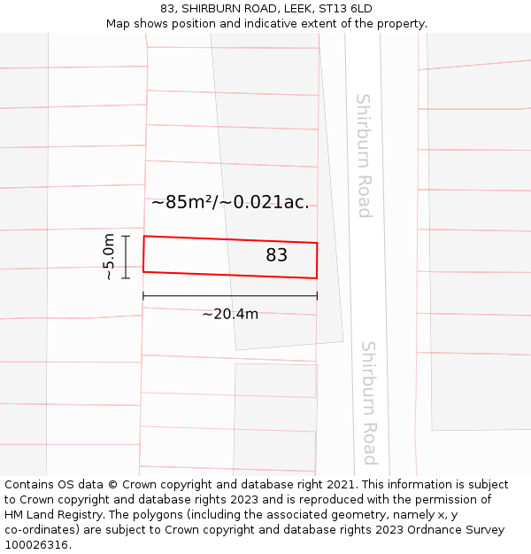 83, SHIRBURN ROAD, LEEK, ST13 6LD: Plot and title map