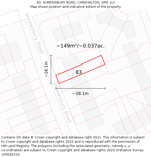 83, SHREWSBURY ROAD, CARSHALTON, SM5 1LY: Plot and title map