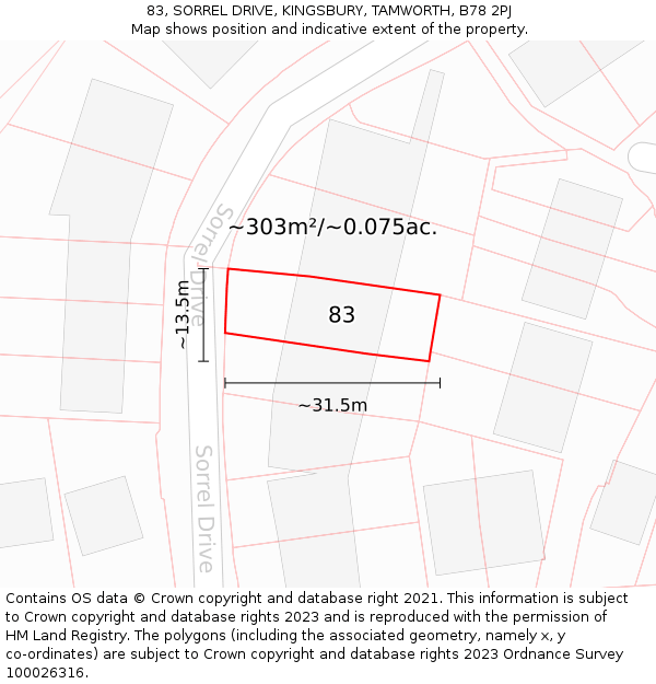 83, SORREL DRIVE, KINGSBURY, TAMWORTH, B78 2PJ: Plot and title map