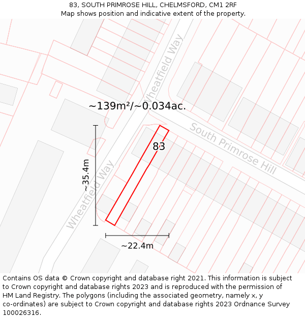 83, SOUTH PRIMROSE HILL, CHELMSFORD, CM1 2RF: Plot and title map