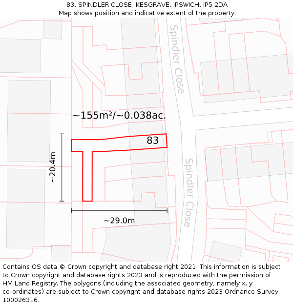 83, SPINDLER CLOSE, KESGRAVE, IPSWICH, IP5 2DA: Plot and title map