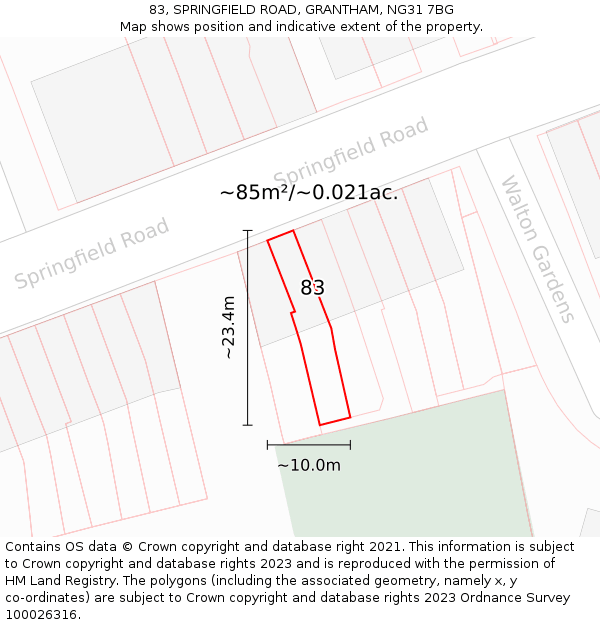 83, SPRINGFIELD ROAD, GRANTHAM, NG31 7BG: Plot and title map