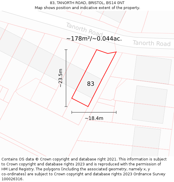 83, TANORTH ROAD, BRISTOL, BS14 0NT: Plot and title map