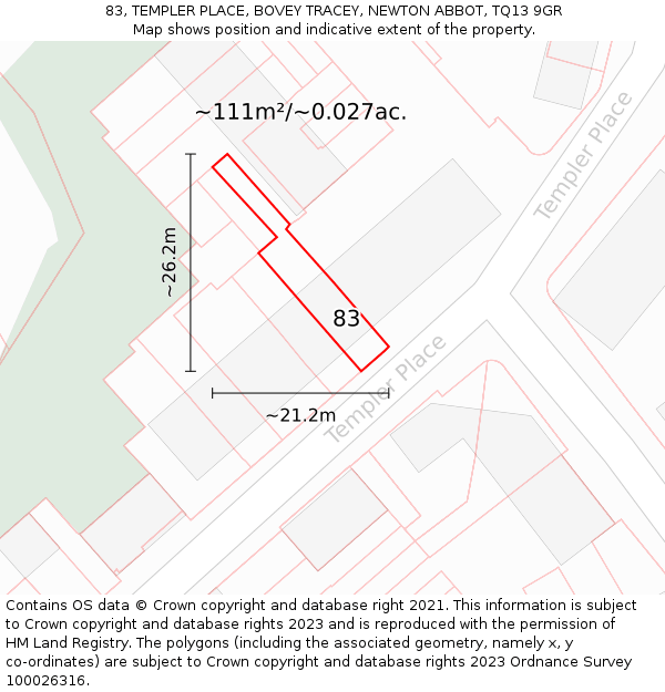 83, TEMPLER PLACE, BOVEY TRACEY, NEWTON ABBOT, TQ13 9GR: Plot and title map