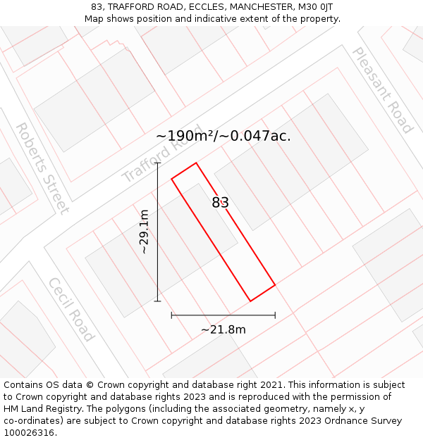 83, TRAFFORD ROAD, ECCLES, MANCHESTER, M30 0JT: Plot and title map