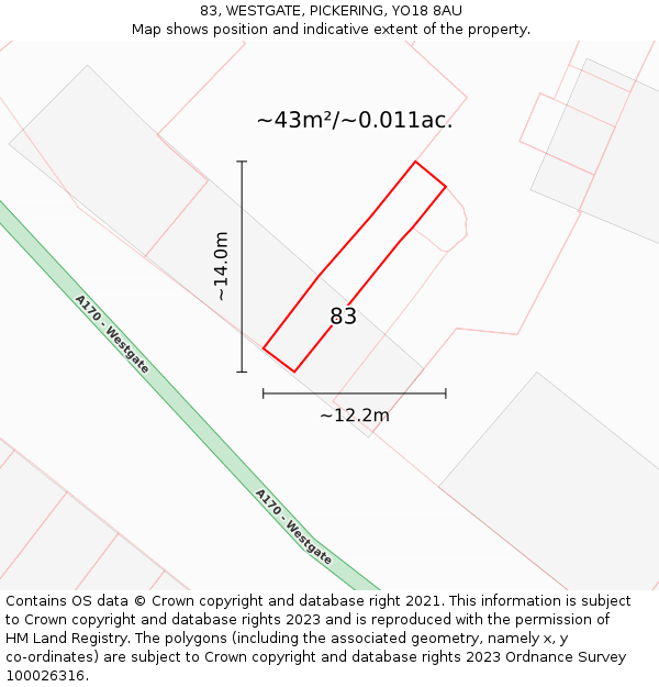 83, WESTGATE, PICKERING, YO18 8AU: Plot and title map