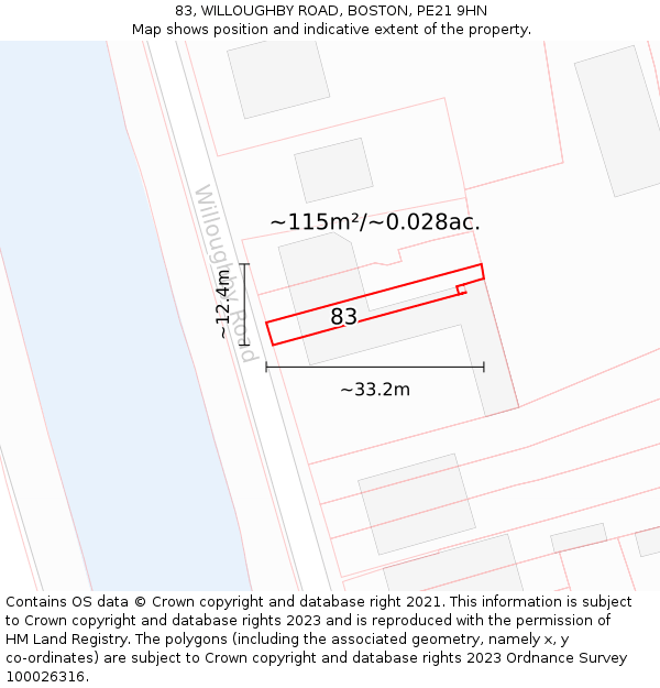 83, WILLOUGHBY ROAD, BOSTON, PE21 9HN: Plot and title map