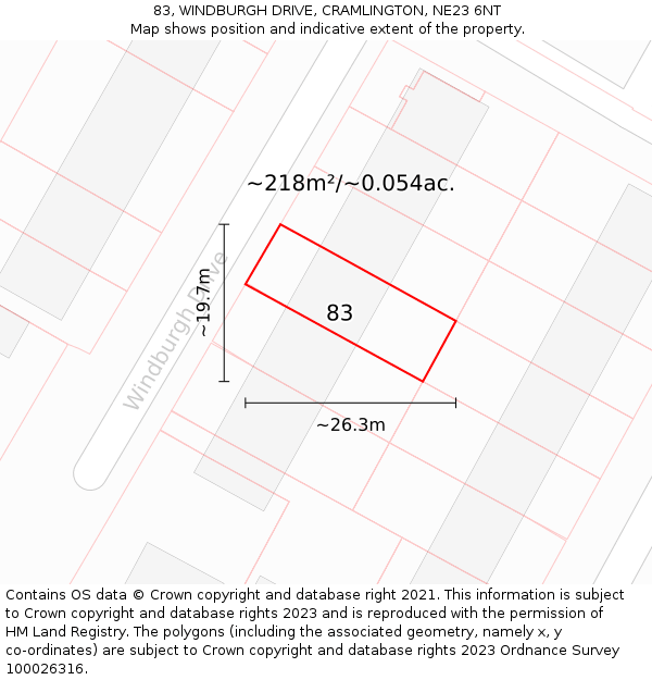 83, WINDBURGH DRIVE, CRAMLINGTON, NE23 6NT: Plot and title map