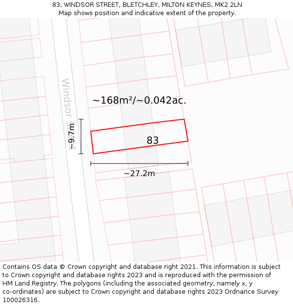 83, WINDSOR STREET, BLETCHLEY, MILTON KEYNES, MK2 2LN: Plot and title map