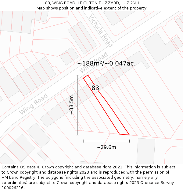 83, WING ROAD, LEIGHTON BUZZARD, LU7 2NH: Plot and title map