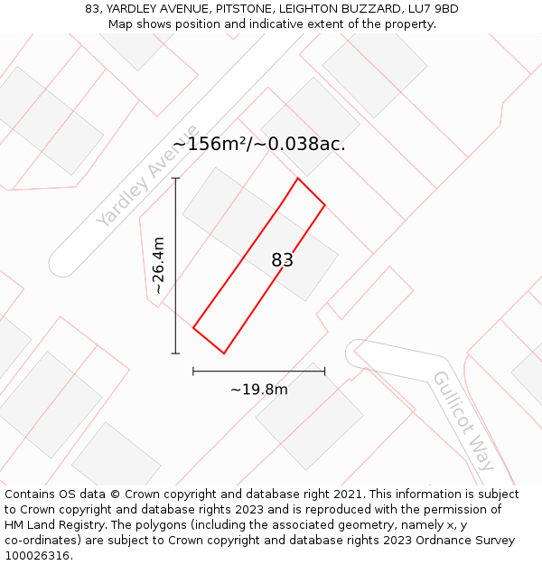 83, YARDLEY AVENUE, PITSTONE, LEIGHTON BUZZARD, LU7 9BD: Plot and title map
