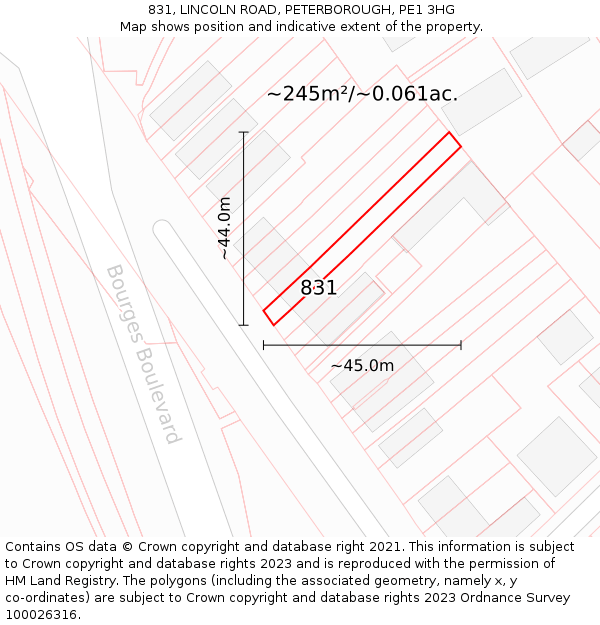 831, LINCOLN ROAD, PETERBOROUGH, PE1 3HG: Plot and title map