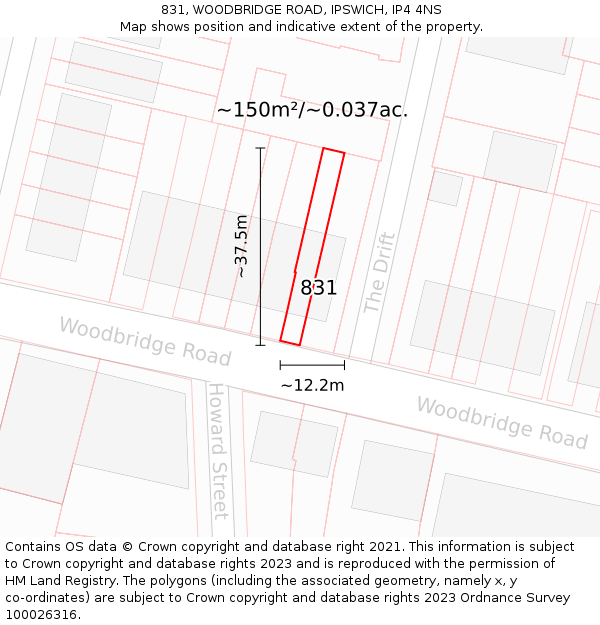 831, WOODBRIDGE ROAD, IPSWICH, IP4 4NS: Plot and title map