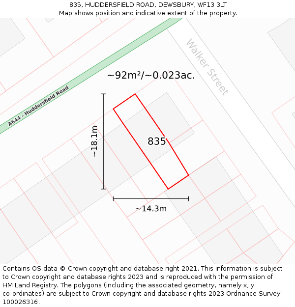 835, HUDDERSFIELD ROAD, DEWSBURY, WF13 3LT: Plot and title map