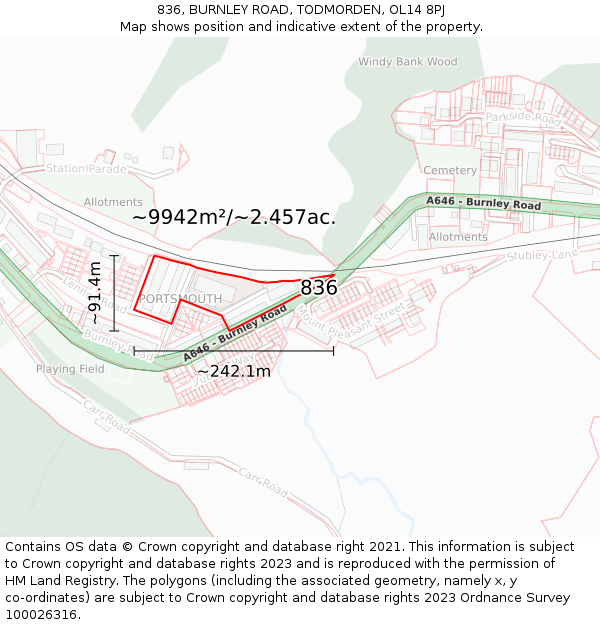 836, BURNLEY ROAD, TODMORDEN, OL14 8PJ: Plot and title map