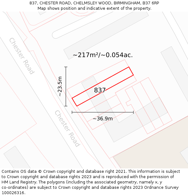 837, CHESTER ROAD, CHELMSLEY WOOD, BIRMINGHAM, B37 6RP: Plot and title map