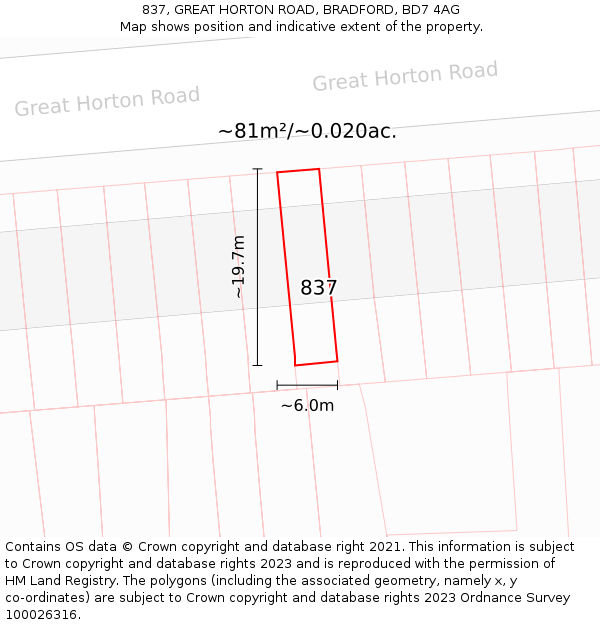 837, GREAT HORTON ROAD, BRADFORD, BD7 4AG: Plot and title map