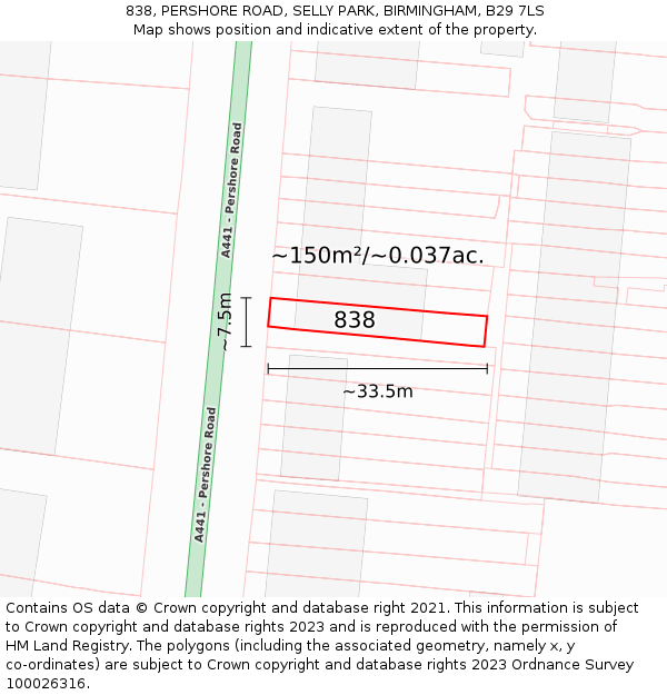 838, PERSHORE ROAD, SELLY PARK, BIRMINGHAM, B29 7LS: Plot and title map