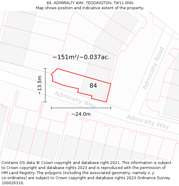 84, ADMIRALTY WAY, TEDDINGTON, TW11 0NN: Plot and title map