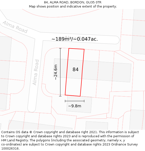84, ALMA ROAD, BORDON, GU35 0TR: Plot and title map