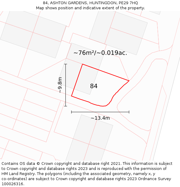 84, ASHTON GARDENS, HUNTINGDON, PE29 7HQ: Plot and title map