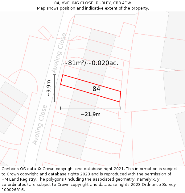84, AVELING CLOSE, PURLEY, CR8 4DW: Plot and title map