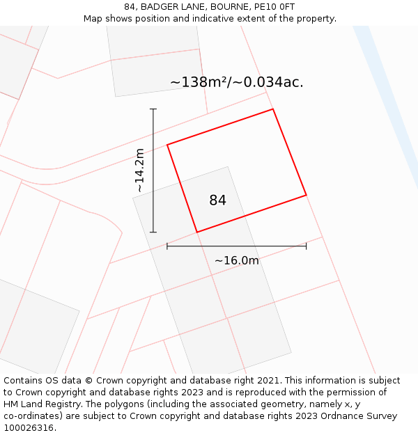 84, BADGER LANE, BOURNE, PE10 0FT: Plot and title map