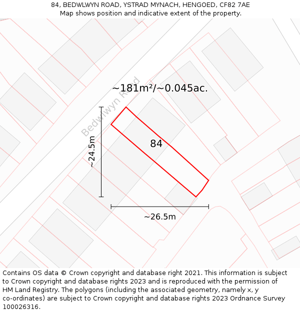 84, BEDWLWYN ROAD, YSTRAD MYNACH, HENGOED, CF82 7AE: Plot and title map